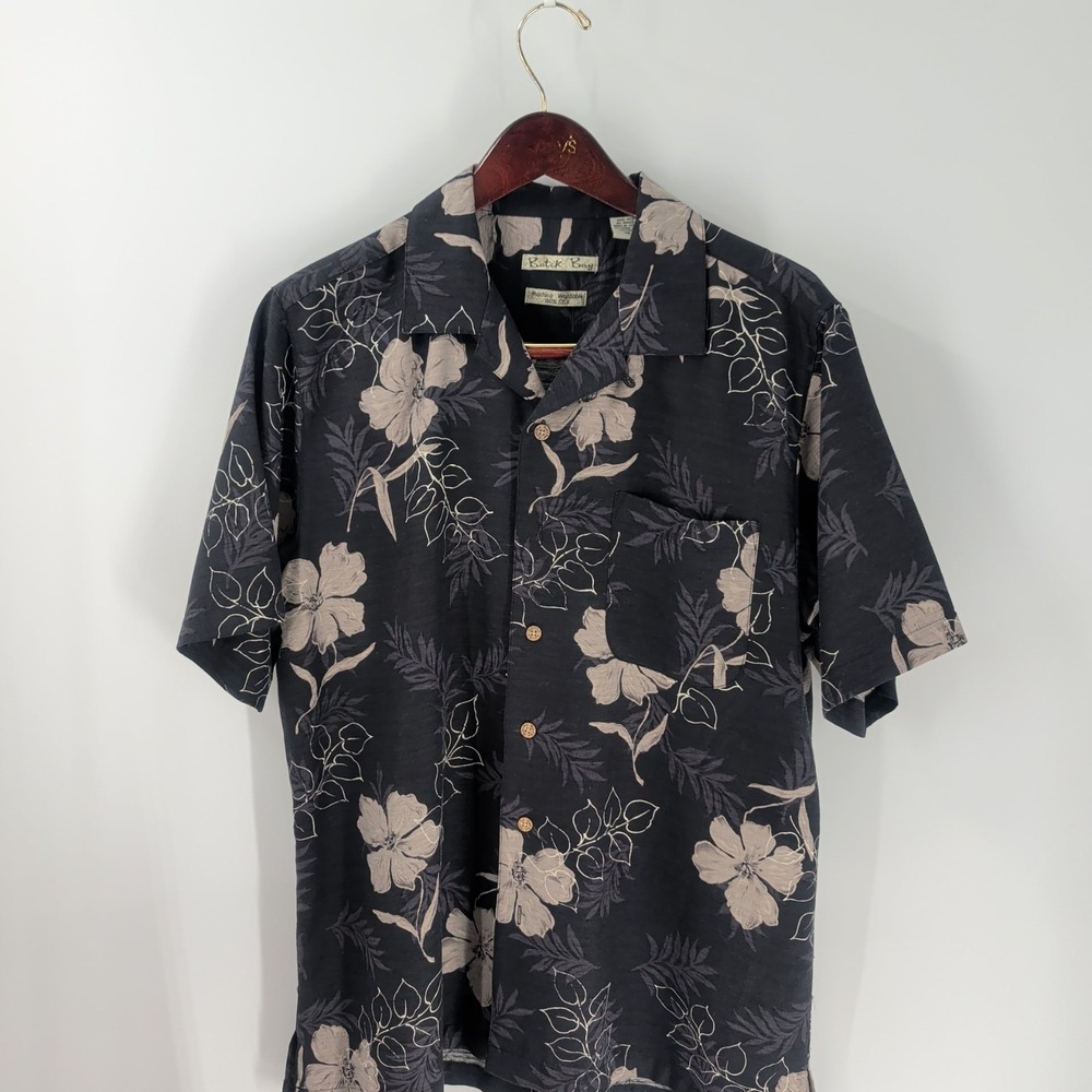 Batik Bay Short Sleeve Floral Silk Hawaiian Camp‎ Button-Up Shirt Black Biege M
